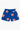 Blue swim shorts with red and white umbrella pattern