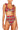 Model wearing a red plaid bikini with ruffled straps
