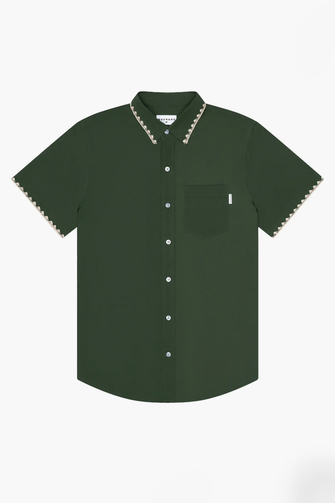 Short-sleeved green shirt with decorative trim on collar and sleeves.