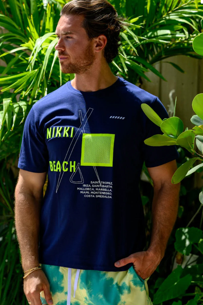 Nikki Beach Men's Navy Tee with Yellow Print