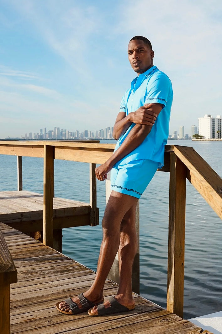 Blue Wavy Stitch Swim Short