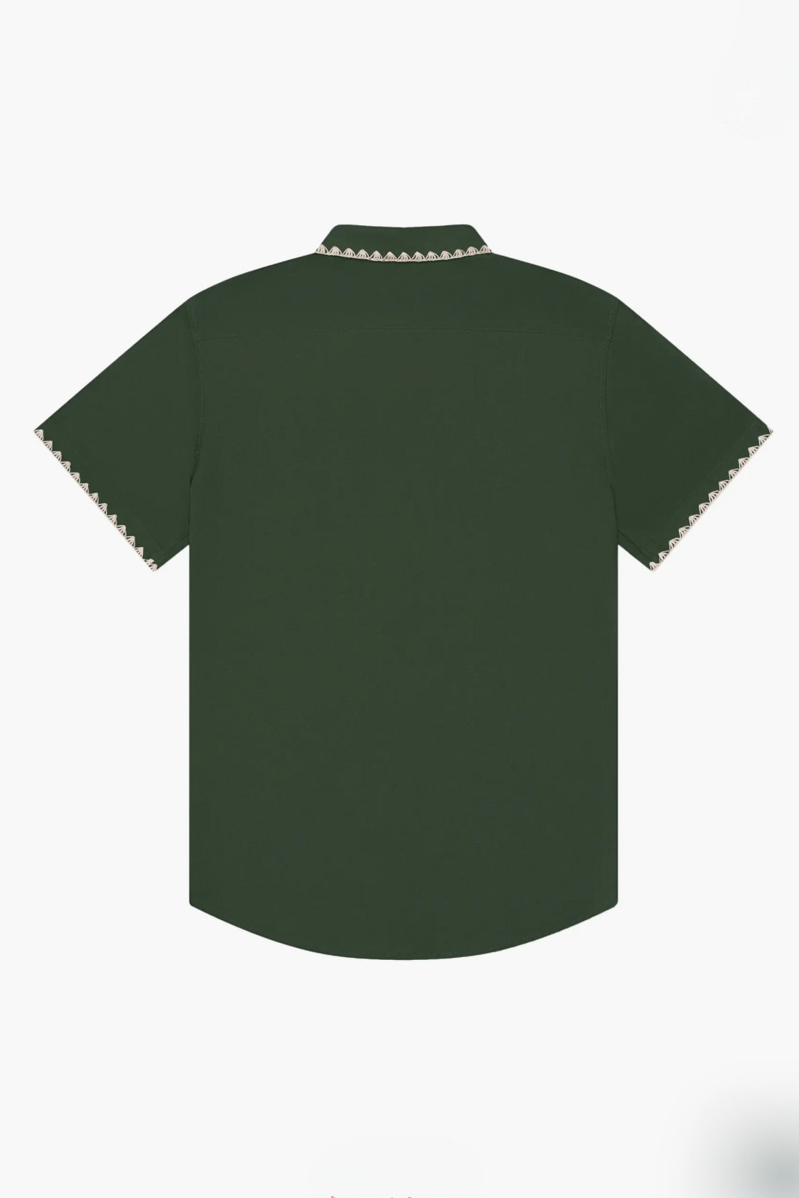 Back view of a green short-sleeve shirt with decorative trim on the collar.