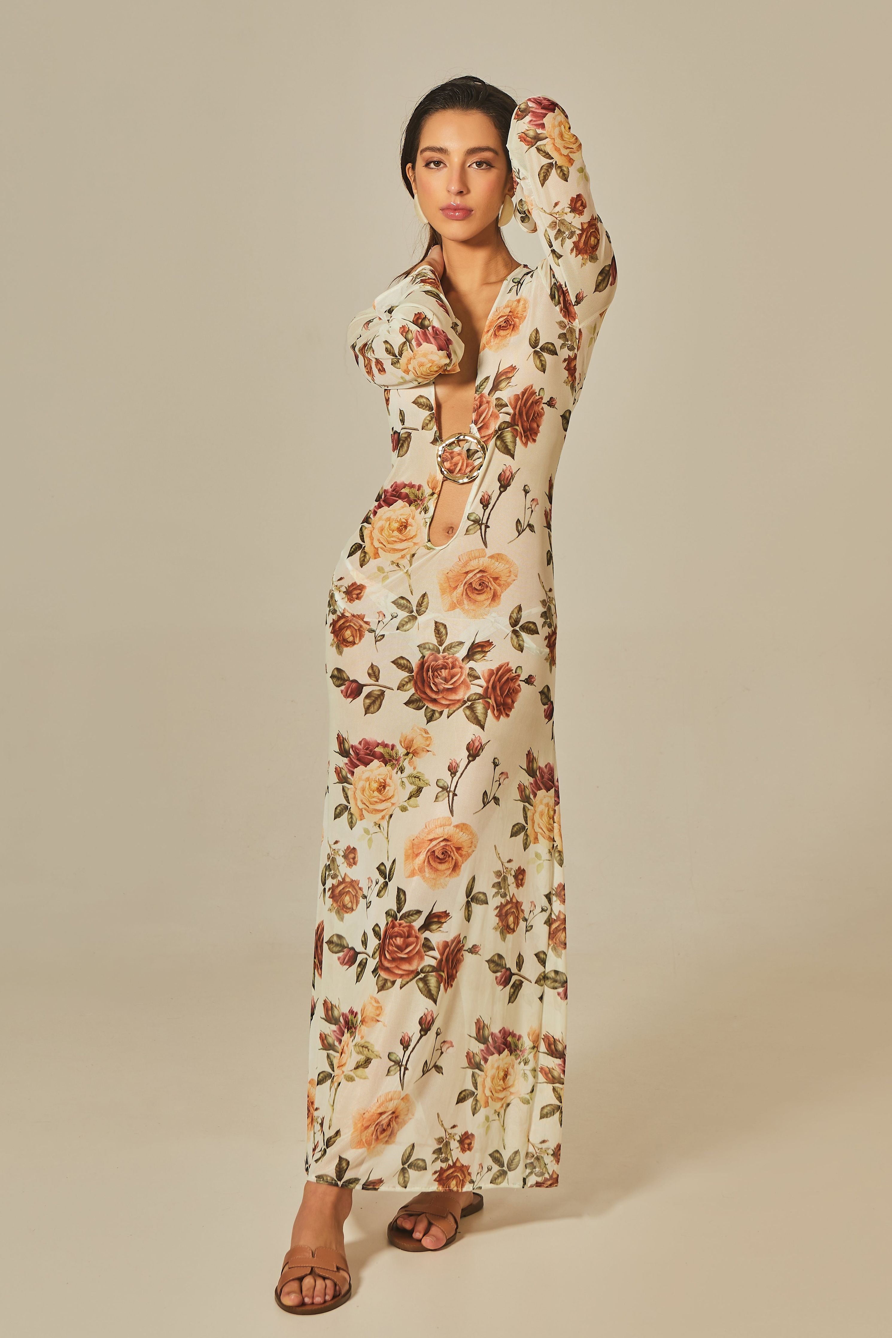 Long Sixty Dress in Rose Print