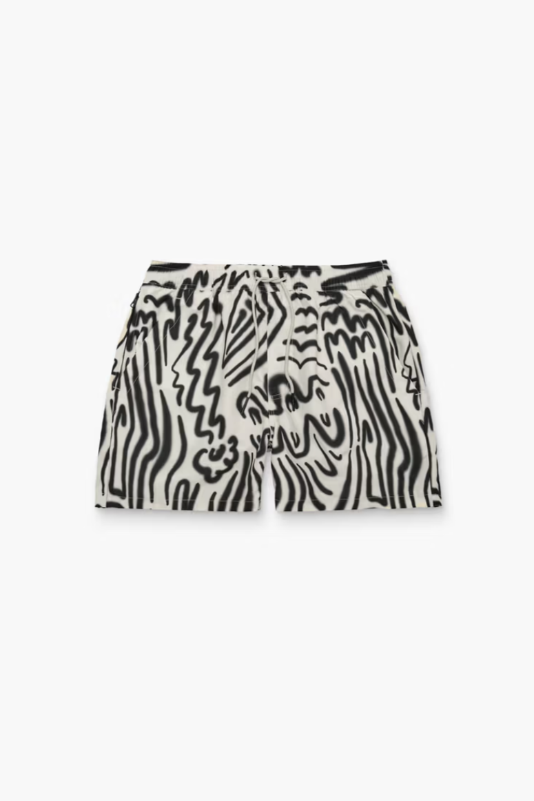 black and white print swim short on a white background