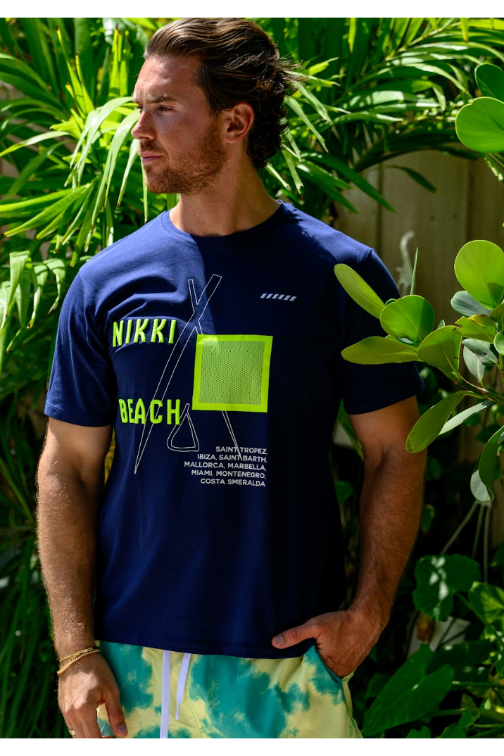 Nikki Beach Men's Navy Tee with Yellow Print